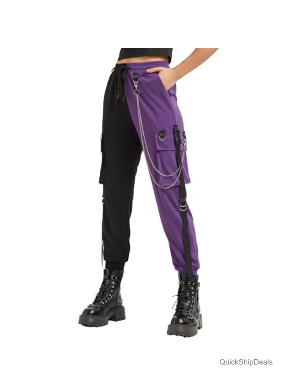 Techwear Black Cargo Pants with Chain for Women Loose Street Rock Style